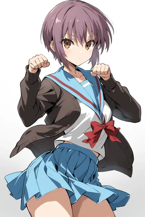 1girl,
<lora:Char - Nagato Yuki - v1 - Bionagato:1>,
nagato yuki, 
suzumiya haruhi no yuuutsu, 
asanagi style,
black cardigan,
blue sailor collar,
blue skirt,
bow,
cardigan,
open cardigan,
open clothes,
red bow,
sailor collar,
school uniform,
serafuku,
shi...