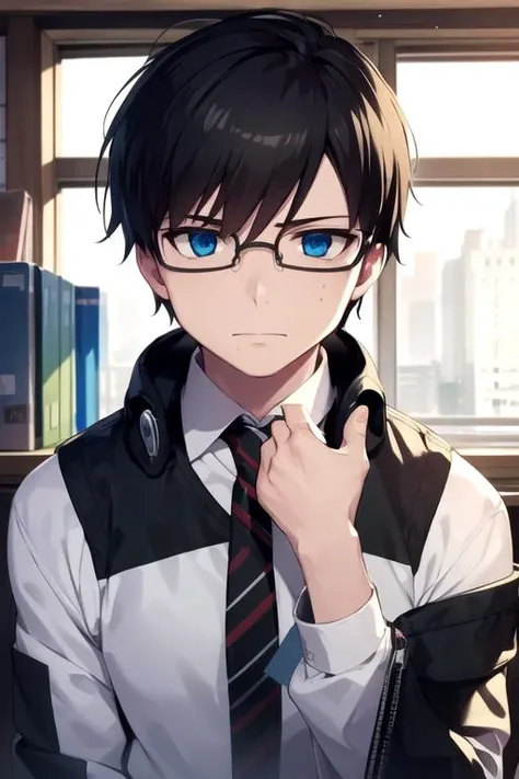 masterpiece, best quality, game cg, 1boy, solo, male focus, looking at viewer, upper body, , <lora:yukio_okumura:0.74>, yukio_okumura, black hair, blue eyes, glasses, candy costume, science fiction superhero, 2k resolution