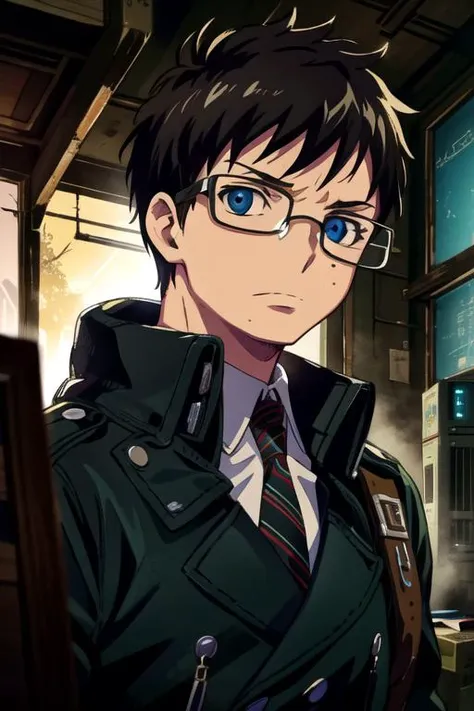 masterpiece, best quality, , 1boy, solo, male focus, looking at viewer, upper body, depth of field, <lora:yukio_okumura:0.68>, yukio_okumura, black hair, blue eyes, glasses, , , science fiction apocalyptic and post-apocalyptic,