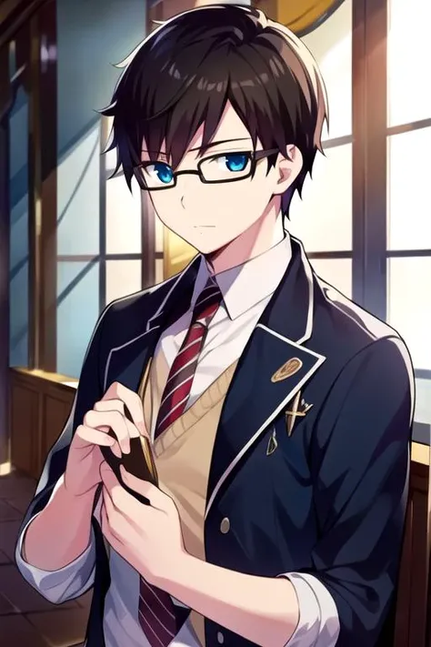 masterpiece, best quality, illustration, 1boy, solo, male focus, looking at viewer, upper body, depth of field, <lora:yukio_okumura:0.72>, yukio_okumura, black hair, blue eyes, glasses, , ,