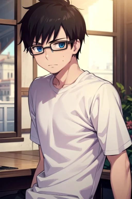 masterpiece, best quality, game cg, 1boy, solo, male focus, looking at viewer, , depth of field, <lora:yukio_okumura:0.76>, yukio_okumura, black hair, blue eyes, glasses, , ,