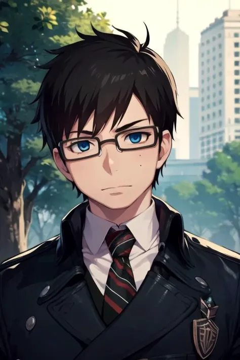 masterpiece, best quality, photorealistic, 1boy, solo, male focus, looking at viewer, , depth of field, <lora:yukio_okumura:0.70>, yukio_okumura, black hair, blue eyes, glasses, , , dieselpunk,