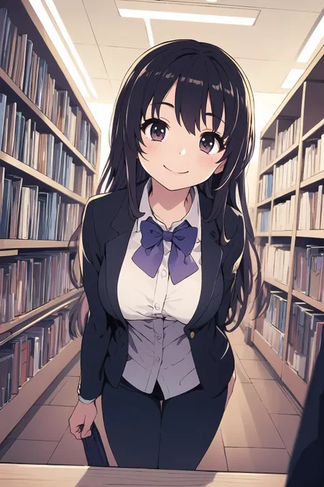 ((masterpiece)), (best quality), (detailed), (1 girl),<lora:sno-08:0.7>,bow, bowtie,black jacket,long hair,school uniform,library,smile,pov