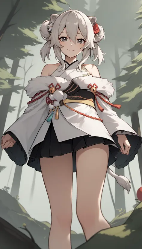 a woman in a short skirt and a white shirt standing in the woods