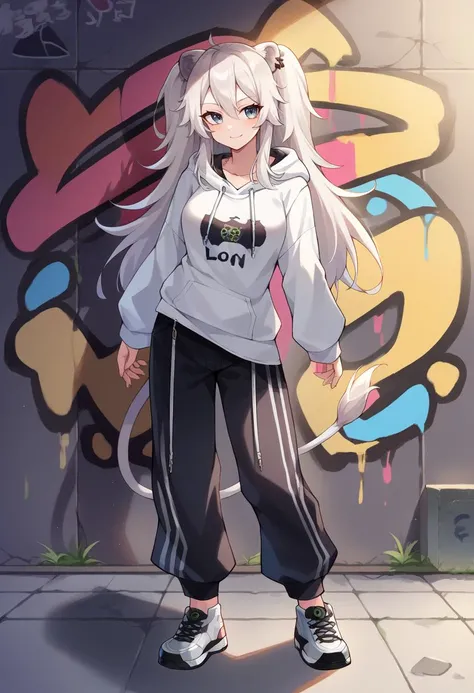 core_9, score_8_up, score_7_up, ShishiroBotan, long hair, two side up, ear piercing, lion tail,  urban and street style, graffiti-inspired colors, cool and edgy attire, baggy pants, hoodie, stylish sneakers, fashionable accessories, hip hop jewelry, confid...