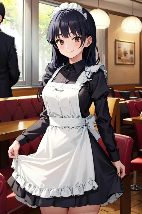 masterpiece,best quality,highres,ultra-detailed,aaanna,long hair,bangs,large breasts,<lora:yamada_anna:0.9>,indoors,cafe,maid,maid headdress,apron,(skirt hold:1.2),standing,cowboy shot,smile,