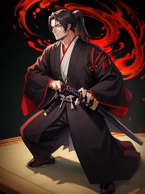 a man in a black robe holding a sword and a red swirl