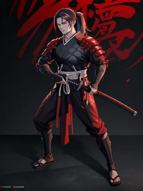 a man in a samurai outfit holding a sword and a red background