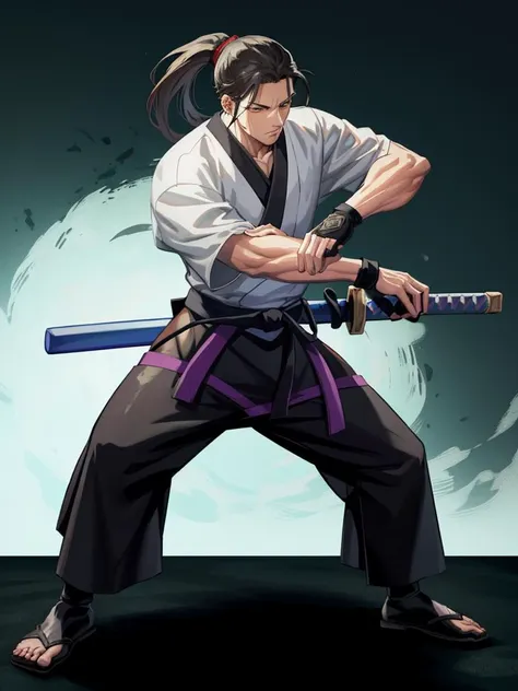 a man in a white shirt holding a sword in his hand