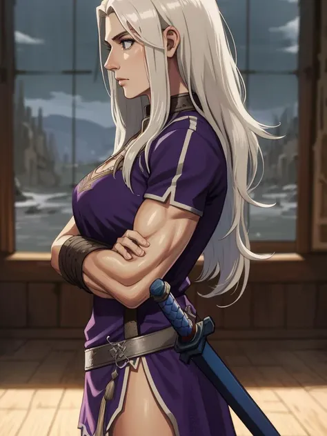 a woman with long white hair and a sword in her hand