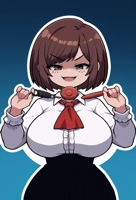 score_9, score_8_up, source_anime, (crime prevention buzzer), holding, hands up, 1girl, solo, smug, open mouth, shaded face,
standing,1girl, tildevtuber, brown hair, freckles, bob cut, swept bangs,
huge breasts, skirt, shirt, long sleeves, white shirt, fri...