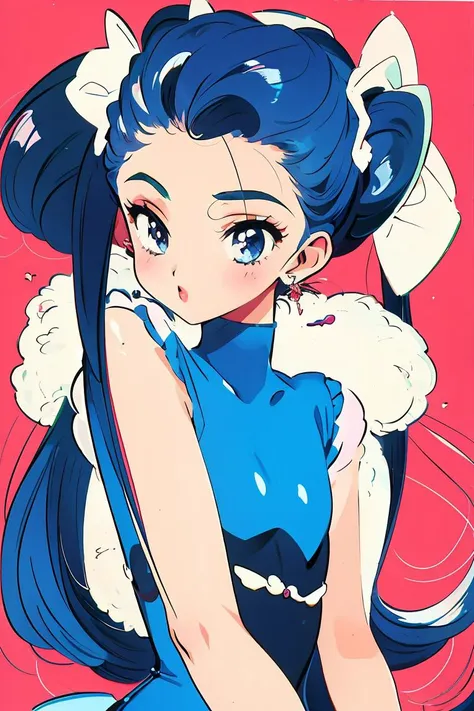 a close up of a cartoon character with a blue dress