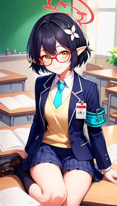 score_9, score_8_up, score_7_up, source_anime, 1girl,
sitting on a desk,  bright , smile,  <lora:ayane_blue archive_PONY_last:0.8> ayane-default, ayane (blue archive),yellow eyes,short hair,black hair,glasses,pointy ears,hair flower,halo,blazer,blue neckti...