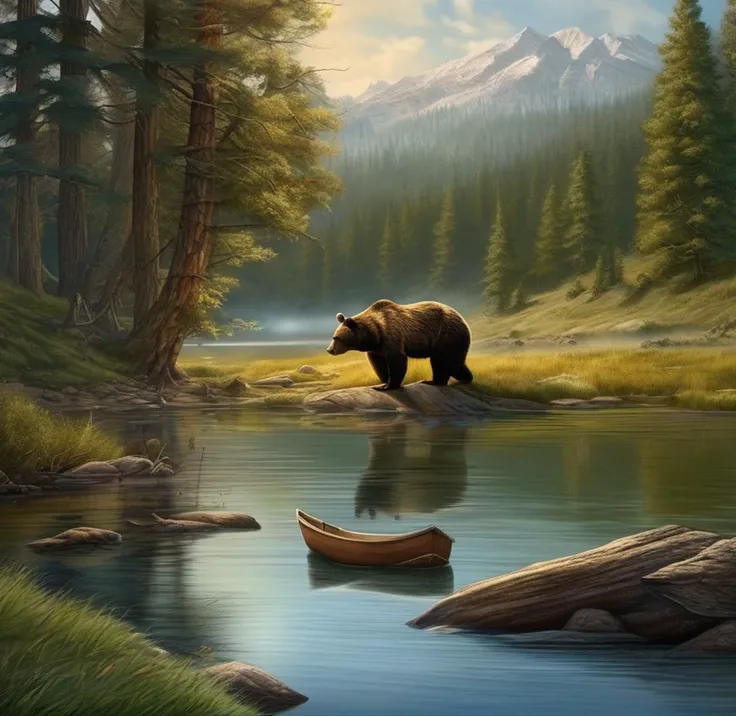 painting of a bear and a canoe in a river with mountains in the background