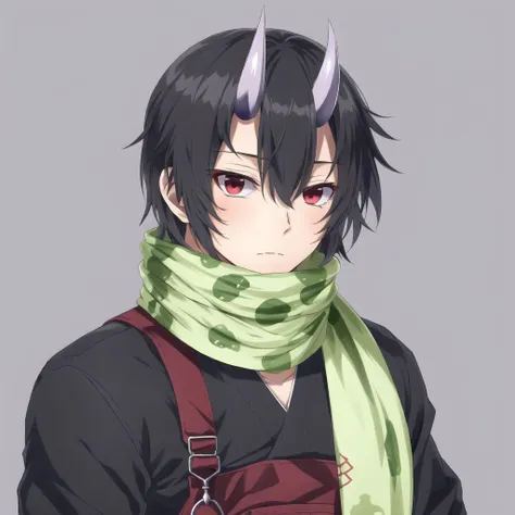 <lora:onihors:1>,  oni horns, oni, horns, 1boy, black hair, dark skin, highres, holding, holding weapon, kami-tachi ni hirowareta otoko, kanra (igx), looking at viewer, male focus, overalls, red eyes, ryouma takebayashi, scarf, simple background, slime, so...