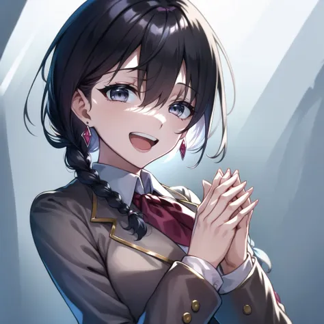 anime girl with black hair and blue eyes in uniform