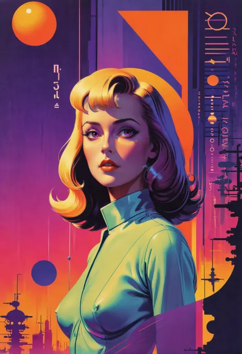 (1940s pulp Synthwave movie poster, color blocking tangerine tango and rhapsody purple), a character in a Synthwave movie, stunning background. warm and bright sunlight, a mesmerizing blend of light and shadow. masterpiece, absurdres, intricate details. <l...