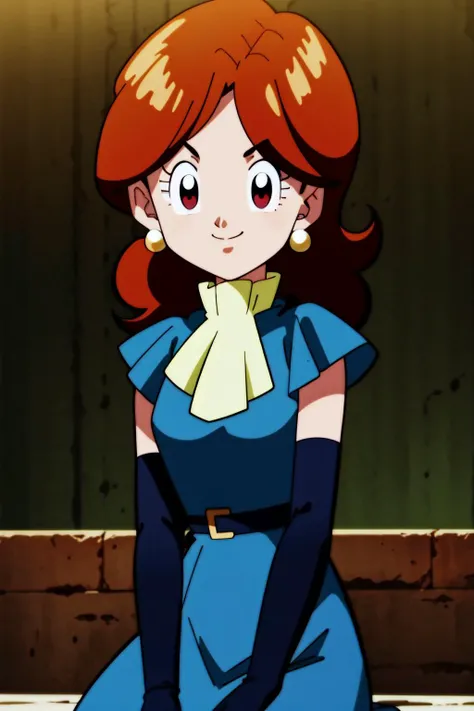 sanka coo, 1girl, solo, looking at viewer, smile, brown hair, brown eyes, jewelry, closed mouth, earrings, parody, retro artstyle, style parody, official style, anime coloring, yellow ascot, v-shaped eyebrows, small_breasts, sitting, short sleeves, stone s...