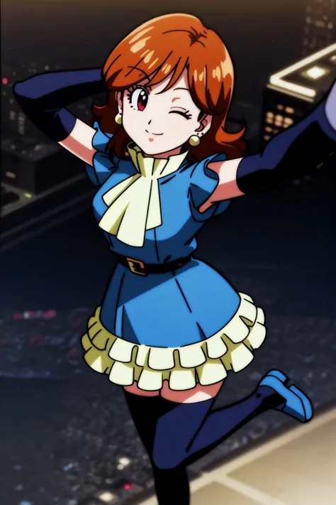 sanka coo, 1girl, solo, looking at viewer, smile, brown hair, thighhighs, gloves, dress, brown eyes, jewelry, earrings, one eye closed, elbow gloves, ascot, standing on one leg, blue dress, blue armwear, blue footwear, blue legwear, eyelashes, frills, cowb...