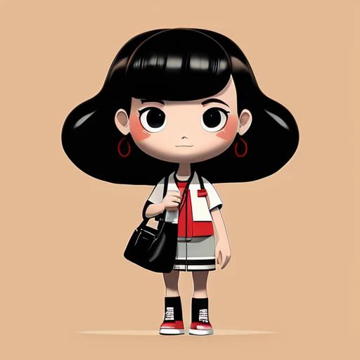 a cartoon girl with a black hair and a red shirt