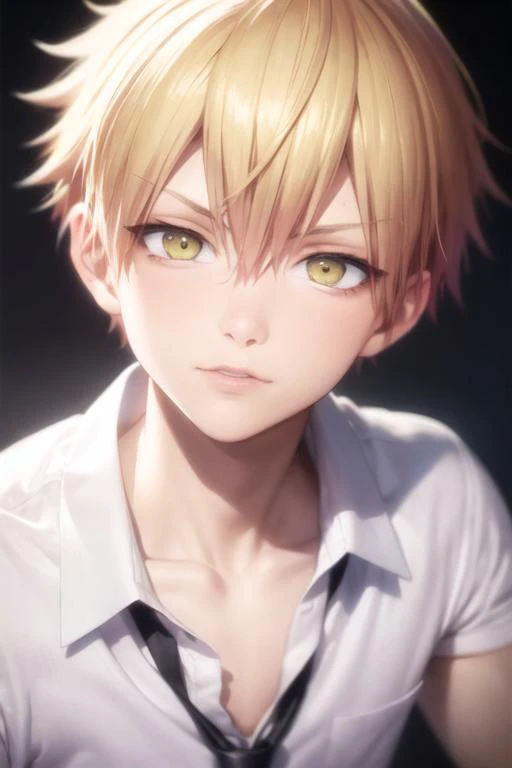 masterpiece, best quality, high quality, 1boy, solo, male focus, looking at viewer, upper body, <lora:ramune:0.60>, ramune, blonde hair, yellow eyes, hair between eyes, , school uniform