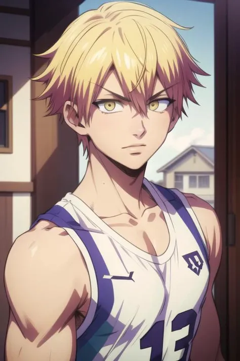 masterpiece, best quality, high quality, 1boy, solo, male focus, looking at viewer, upper body, <lora:ramune:0.72>, ramune, blonde hair, yellow eyes, hair between eyes, , sportswear