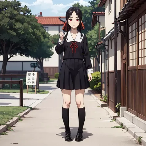 <lora:Shinomiya KaguyaV1:0.9>,
Shinomiya Kaguya,1girl,
black hair,short hair,sidelocks,red eyes,
hair ribbon,
(shuuchiin academy school uniform:1.2),full body,standing,
school,