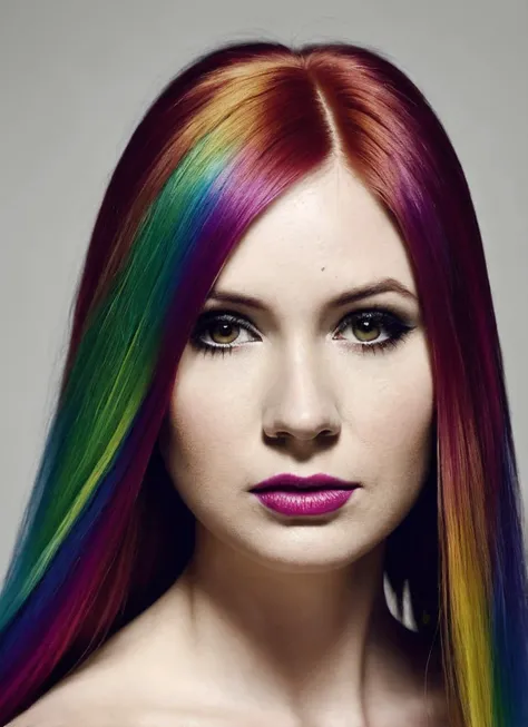 portrait of sks woman by Flora Borsi, style by Flora Borsi, bold, bright colours, rainbow Mohawk haircut, ((Flora Borsi)), <lora:locon_karengillan_v1_from_v1_64_32:1.25>