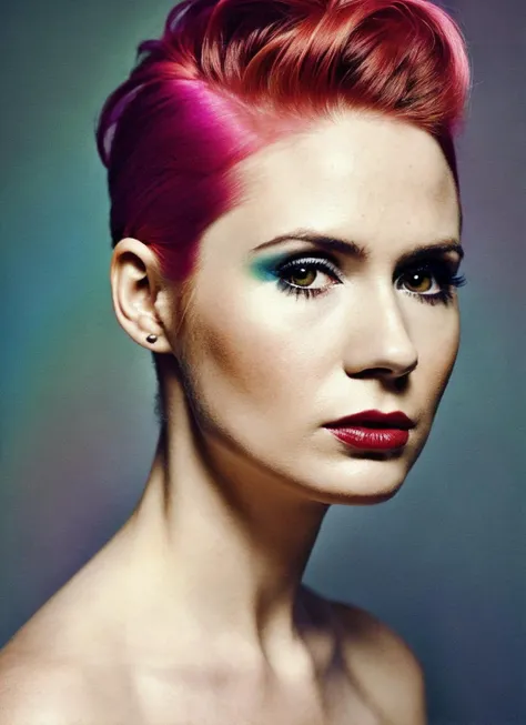 analog style, modelshoot style, portrait of sks woman by Flora Borsi, style by Flora Borsi, bold, bright colours, rainbow Mohawk haircut, ((Flora Borsi)), <lora:locon_karengillan_v1_from_v1_64_32:1.25>