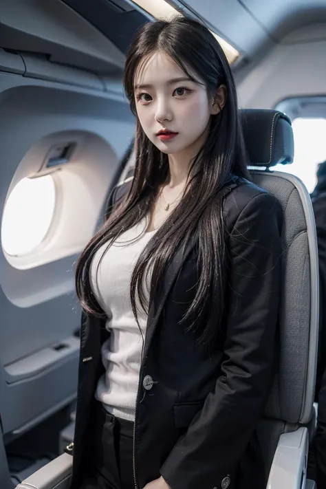 masterpiece,ultra highres,ultra detailed,best quality,
1girl,business suit,open clothes,solo,upper body, <lora:Choiyujin_v2:0.8>aircraft,