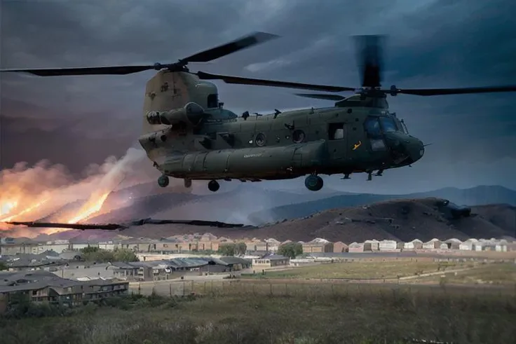 analog gloomy aerial photo of a black (Chinook helicopter, <lora:ch1n00k:0.8>), ((nighttime)), (flying low through a (city on fire) at night), city ruins, (urban combat), ((explosions in the background)), High Detail, Sharp focus, (photorealism), realistic...