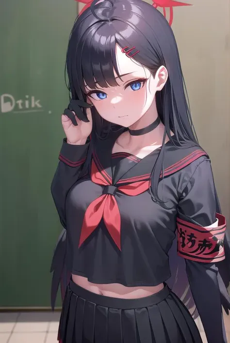 anime girl with long black hair and blue eyes in a black dress