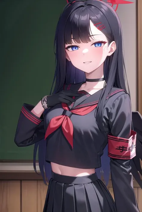 anime girl in a school uniform standing in front of a chalkboard