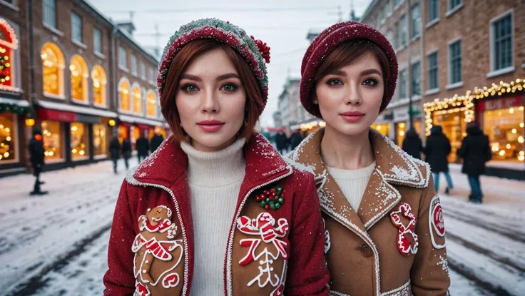 two women in red jackets and hats standing in the snow