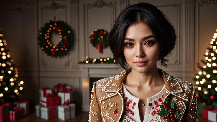 RAW photo, 1girl, black short hair, jaket made of christmas gingerbread, complex christmas room background, 8k uhd, dslr, soft lighting, high quality, film grain, Fujifilm XT3, (intricate details:0.9), (hdr, hyperdetailed:1.2)
<lora:GingerbreadFashion:0.65...