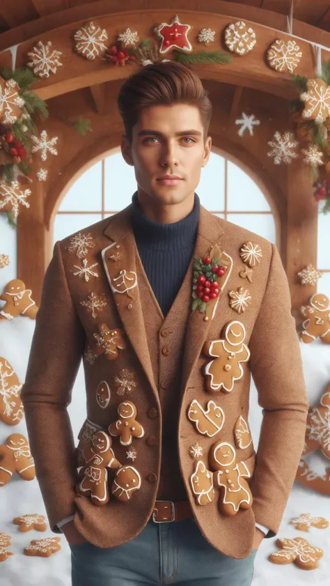 arafed man in a brown jacket and blue sweater standing in front of a christmas decorated archway