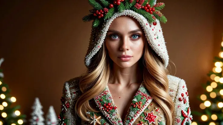 a woman wearing a christmas hat and sweater with holly berries