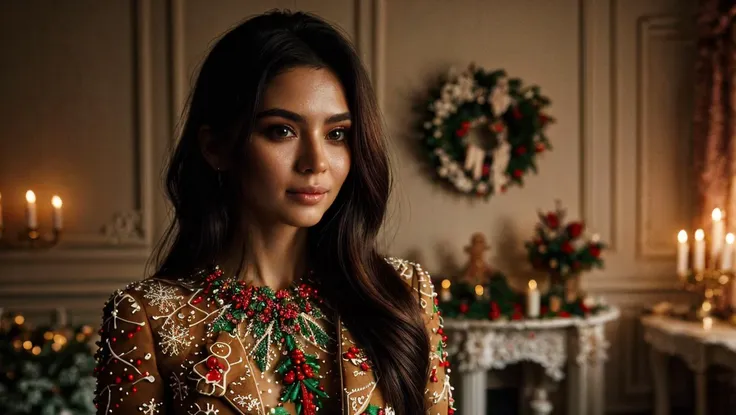 a close up of a woman in a dress standing in a room