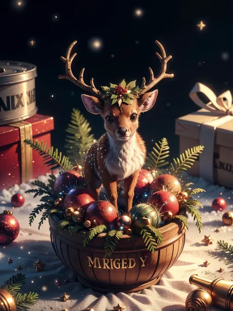 christmas deer in a basket with ornaments and presents