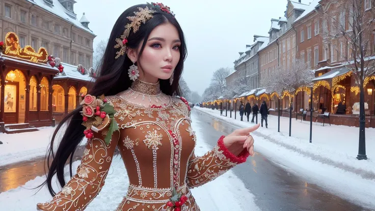 illustration, 1girl, black long hair, dress made of christmas gingerbread, complex winter street background, 8k uhd, (masterpiece:1.2), high quality, (intricate details:0.9), (hdr, hyperdetailed:1.2)
<lora:GingerbreadFashion:0.65> gingerbreadfashion