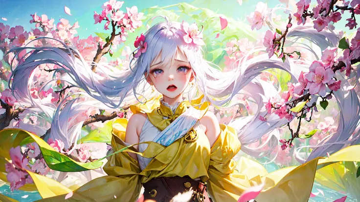 absurdres,  best quality, 
(1girl:1.2), (solo), white hair, floating hair, hair ornament, makeup, dramatic angle, panorama, crying, 
outdoors, peachblossom, leaf, (floating petal)