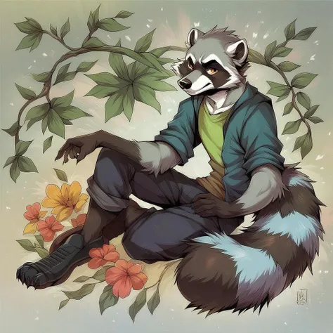 a close up of a raccoon sitting on a branch with flowers