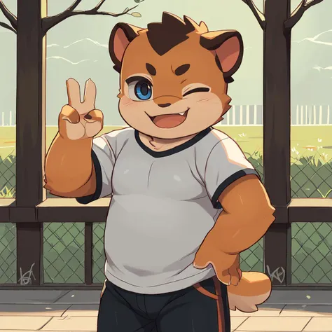 anime character of a cat with a peace sign in front of a fence