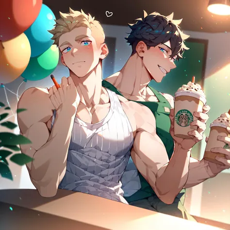 anime - style illustration of two men holding drinks and balloons