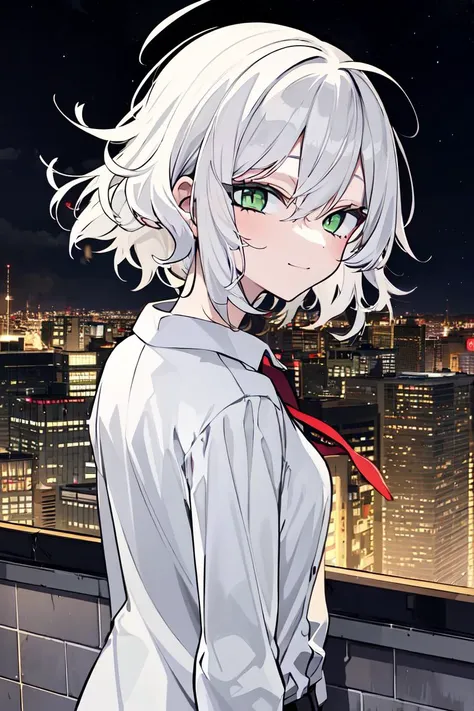 (masterpiece, best quality:1.3), 1girl, solo, white hair, messy hair, green eyes, white shirts, (half closed eyes), upper body, ...