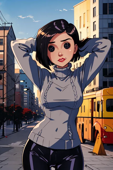 <lyco:OtherMother-step00003000:1.0>, othermotherv1, (beldambuttoned eyes:1.2), black pants, grey turtleneck sweater, arms behind head, city background