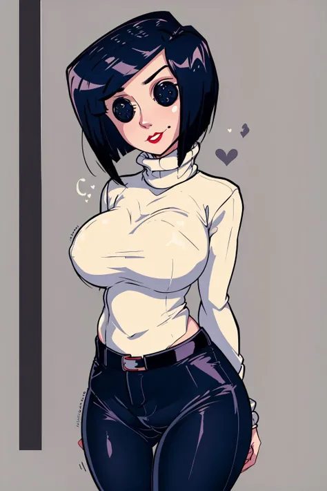 <lyco:OtherMother-step00003000:1.0>, othermotherv1, black pants, grey turtleneck sweater, arms behind back, large breasts, (beldambuttoned eyes:1.1)