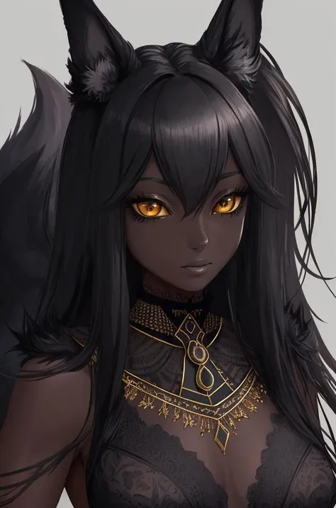 a woman with long black hair and yellow eyes wearing a black outfit