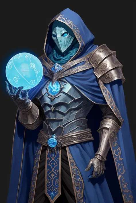 a filigree giant [metal|man|machine|shadow] creature with a blue orb core in chest, cloak, metal mask, dnd style, horror (theme),