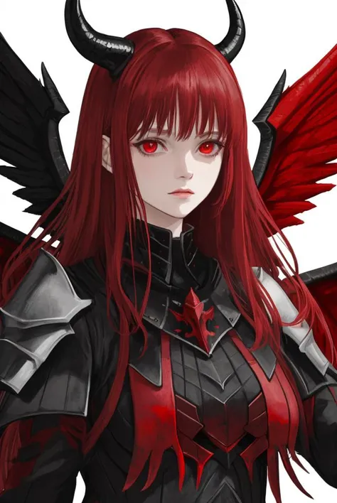 woman, black wings, horns, red armour,